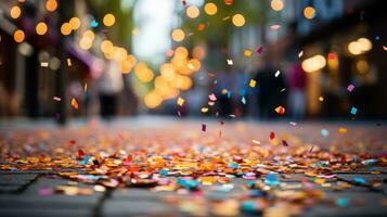 ai, ai generado, vibrante, de cerca de vistoso papel picado dispersado en un calle, capturar el festivo espíritu y jubiloso celebracion de un evento o fiesta foto