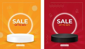 Sale promo banner template with illuminated podium, sale and discount background vector