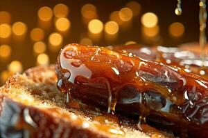 saudi árabe fechas tostada, macro Disparo de un Fresco desayuno con goteo Miel, ai generado foto