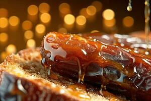 Saudi Arab Dates toast, macro shot of a fresh breakfast with Dripping Honey, AI Generated photo