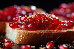 Pomegranate toast, macro shot of a fresh breakfast with Dripping Honey, AI Generated photo