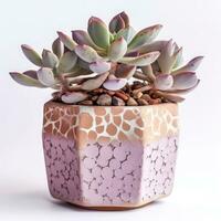 Graptoveria in a terracotta hexagonal pot with a speckled pattern in shades of purple AI Generated photo