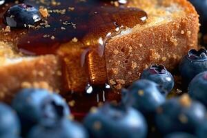 Blueberry toast, macro shot of a fresh breakfast with Dripping Honey, AI Generated photo