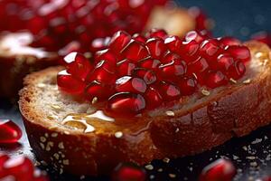 Pomegranate toast, macro shot of a fresh breakfast with Dripping Honey, AI Generated photo