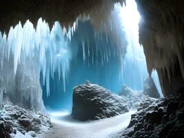 cerca arriba cueva en invierno, carámbano foto