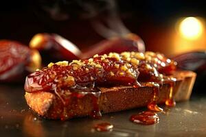 Saudi Arab Dates toast, macro shot of a fresh breakfast with Dripping Honey, AI Generated photo