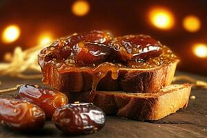 Saudi Arab Dates toast, macro shot of a fresh breakfast with Dripping Honey, AI Generated photo