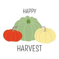 Happy harvest card with different pumpkins. Vector harvest, autumn design element for poster, banner, badge, label, print, card. Hand drawn pumpkins on white background.