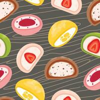 Mochi seamless pattern. Japanese Mochi in rice dough. Rice fruit dessert on wood plate. Colored mochi with different fillings. Vector flat illustration