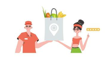A male courier holds a bag of food. Home delivery concept. Isolated. trendy style. Vector. vector