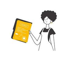 A woman holds a contract in her hands. Lineart minimalistic style. Isolated. Vector illustration.