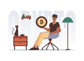 The concept of mining and extraction of bitcoin. The guy sits in a chair and holds a bitcoin in the form of a coin in his hands. Character with a modern style. vector