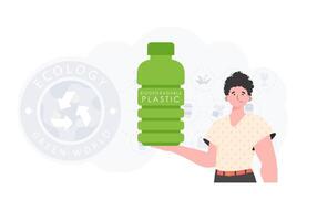 Concept of green world and ecology. A man holds a bottle made of biodegradable plastic in his hands. Fashion trend vector illustration.