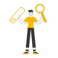 The guy is holding a magnifying glass in his hands. Search concept. Linear trendy style. Isolated. Vector illustration.