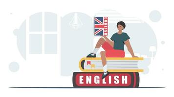 The concept of learning English. A man sits on books and holds an English dictionary in his hands. Flat modern style. Vector. vector