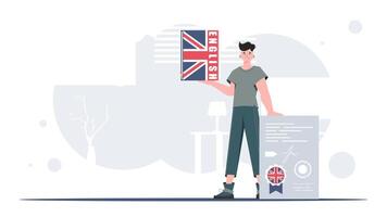 The concept of learning English. A man holds an English dictionary and a certificate in his hands. Trendy flat style. . vector