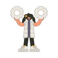 An attractive girl is holding gears. Idea theme. vector