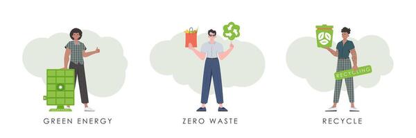 Set of men characters on the theme of ecology. trendy style. . vector