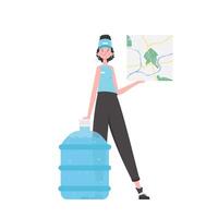 Water delivery concept. The girl is holding a map. The character is depicted in full growth. Isolated on white background. . vector