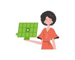 A woman holds a solar panel in her hand. Eco energy concept. Isolated. Vector. trendy style. vector