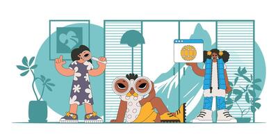 The team helps to find information on the Internet. Bright and stylish illustration, Bright trendy character. vector