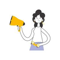 The girl is holding a bullhorn and binoculars in her hands. Job Search Theme. H.R. Linear modern style. Isolated. Vector. vector