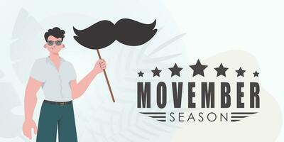 Movember poster. The guy is holding his mustache on a stick. trendy style. Vector illustration.