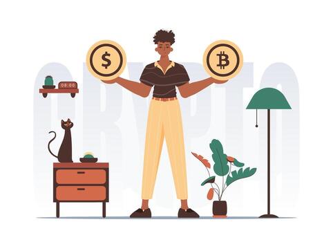 Cryptocurrency concept. A man holds a coin of bitcoin and dollar in his hands. Character with a modern style. vector