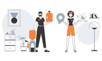 Water delivery concept. The guy and the girl deliver water to the house. Lineart style. vector