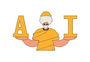 Illustration of a man holding A and I letters, AI theme. vector