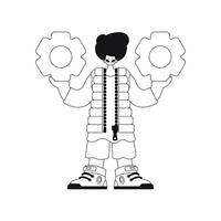 Man has hand on gears. Linear vector illustration.