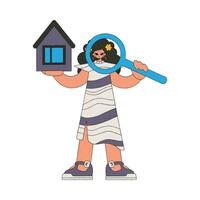 A woman realtor holds a house and a magnifying glass in her hands. Investment in real estate. vector