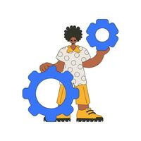 Fashionable man holding gears in his hands. Idea theme. vector