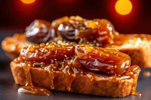 Saudi Arab Dates toast, macro shot of a fresh breakfast with Dripping Honey, AI Generated photo