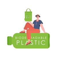 A man sits on a bottle made of biodegradable plastic and holds an ECO BAG in his hands. The concept of ecology and care for the environment. Isolated. Fashion trend illustration in Vector. vector