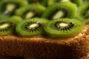 kiwi tostada, macro Disparo de un Fresco desayuno con goteo Miel, ai generado foto