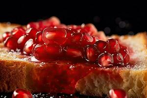 Pomegranate toast, macro shot of a fresh breakfast with Dripping Honey, AI Generated photo