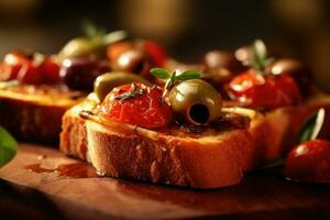 Olives toast, macro shot of a fresh breakfast, AI Generated photo