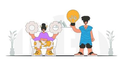 A fashionable guy and girl solves problems and generates ideas. Light bulb and gears in their hands. Illustration on the theme of the appearance of an idea. vector