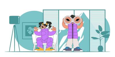 Company search for first-class employees. Attractive HR team holding binoculars and magnifier. vector