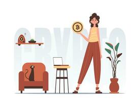 Cryptocurrency concept. A woman holds a bitcoin in her hands. Character with a modern style. vector