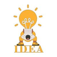 Funny illustration on the theme of the idea. A man is holding a heavy large light bulb. vector