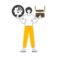 A man holds the internet of things logo in his hands. Linear trendy style. Isolated. . vector