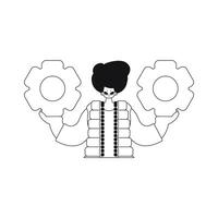 Man holds gears in his hands. illustrated in vector design with linear style.