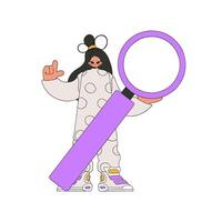 The girl is holding a magnifying glass. Search for the necessary information on the Internet. Retro style character. vector