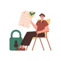 The man sits in a chair and holds a document in her hands. Data protection. vector