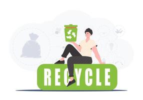 un hombre se sienta y sostiene un basura lata en su mano. el concepto de reciclaje y cero desperdiciar. vector ilustración plano de moda estilo.