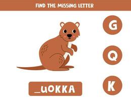 Find missing letter with cartoon quokka. Spelling worksheet. vector