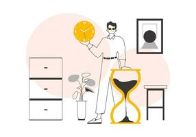 The man is holding a watch. Time management concept. Lineart trendy style. Vector illustration.