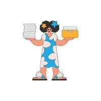 A combed-out girl holds stacks of documents in her hands. vector